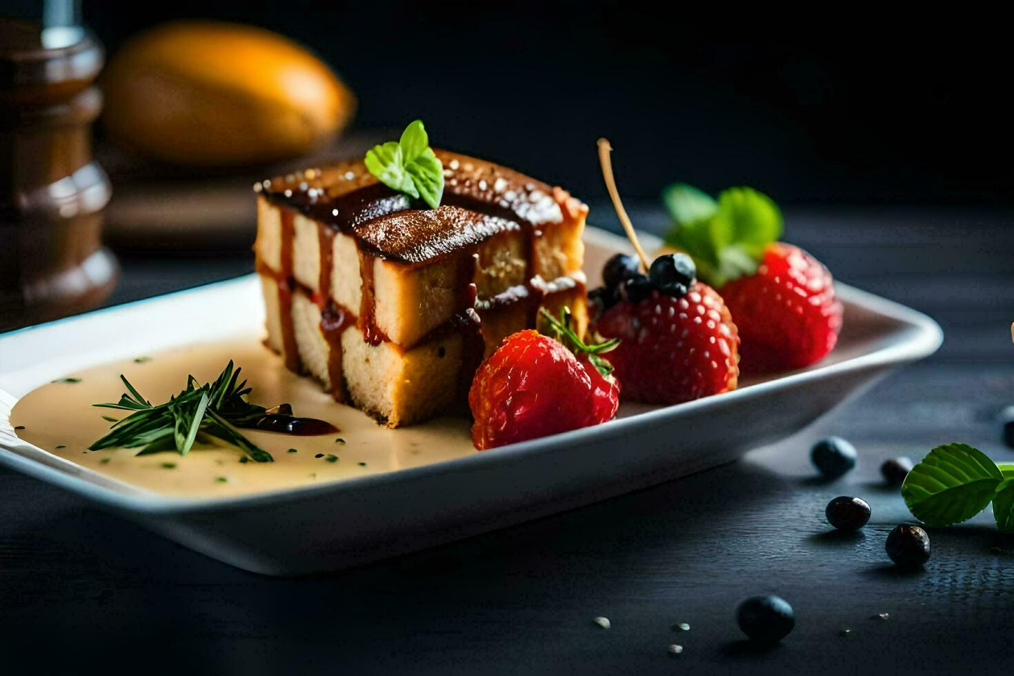 a dessert with strawberries and chocolate sauce on a white plate. AI-Generated photo