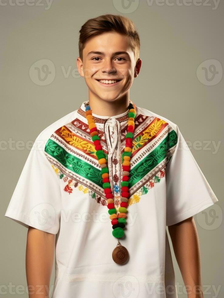 Smiling young man of Mexican descent against neutral background AI Generative photo