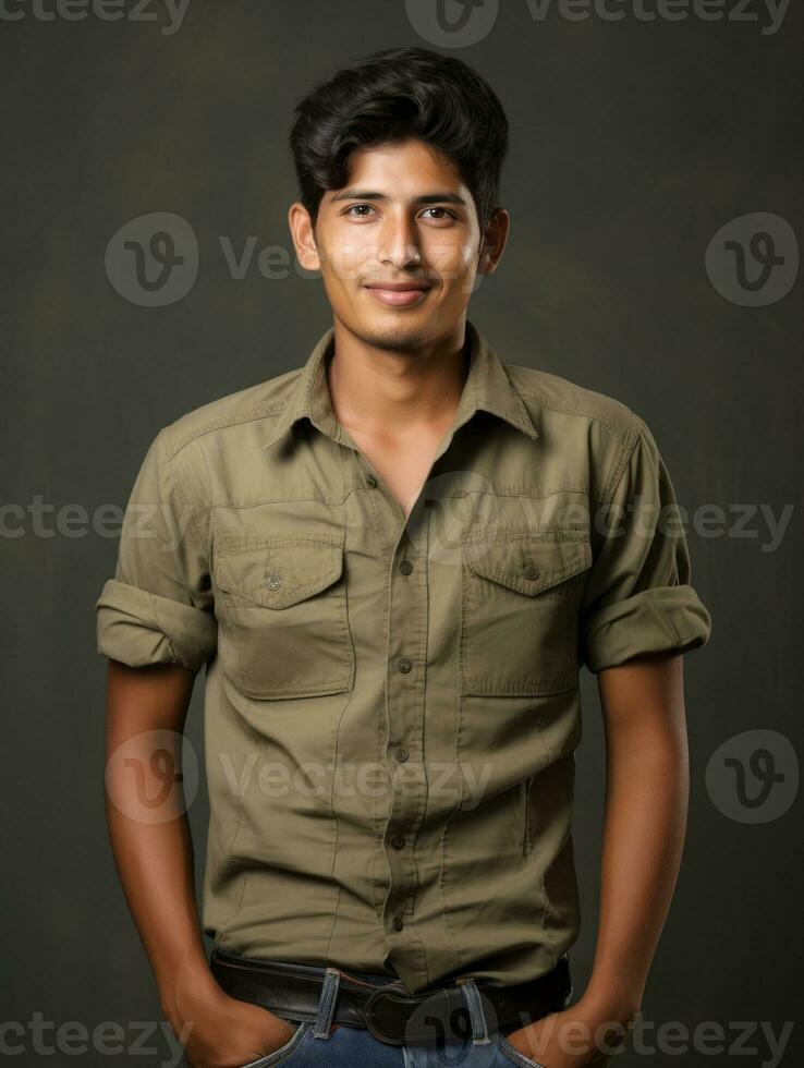 Smiling young man of Mexican descent against neutral background AI Generative photo