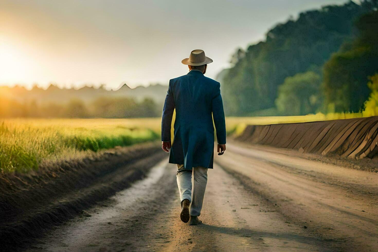 un hombre en un traje y sombrero camina abajo un suciedad la carretera. generado por ai foto