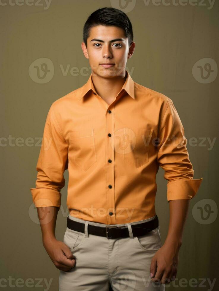 Smiling young man of Mexican descent against neutral background AI Generative photo