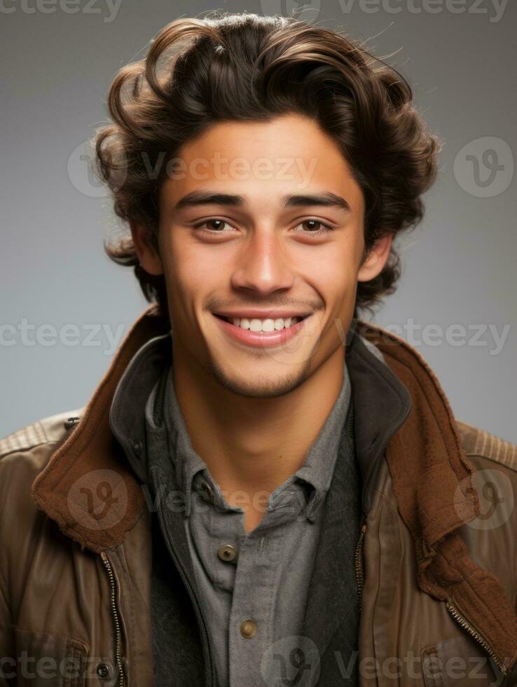 Smiling young man of Mexican descent against neutral background AI Generative photo