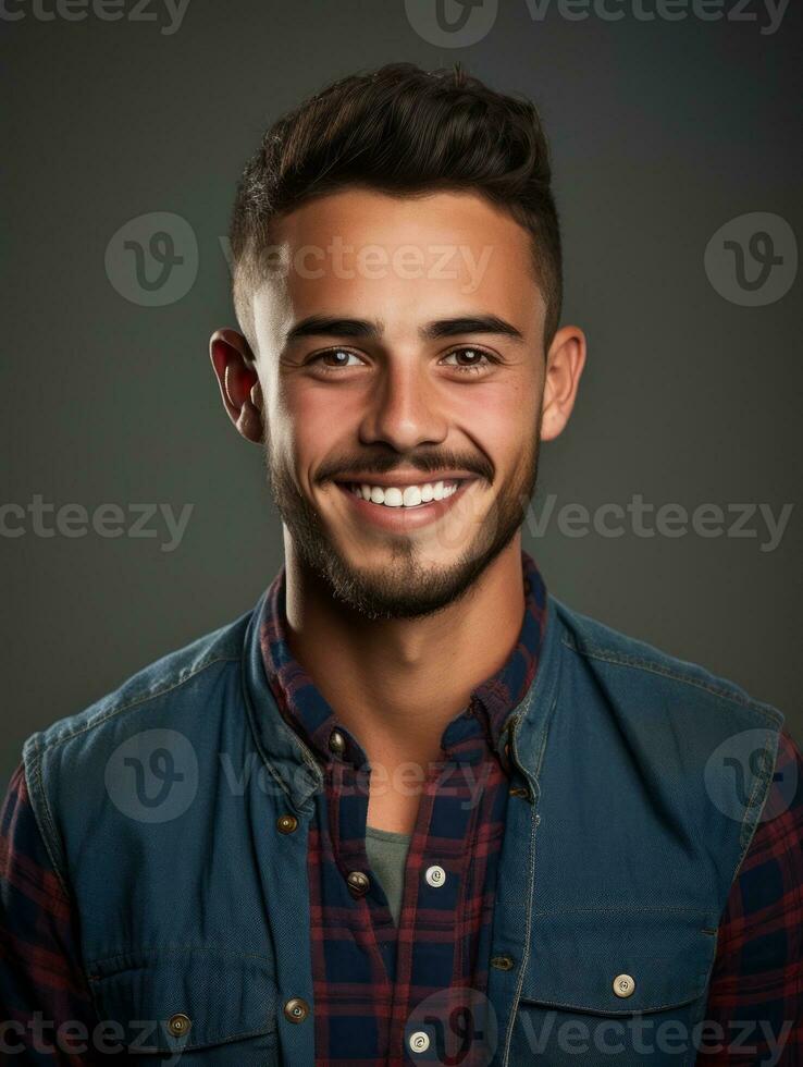 Smiling young man of Mexican descent against neutral background AI Generative photo