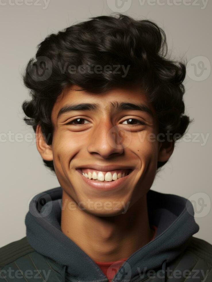 Smiling young man of Mexican descent against neutral background AI Generative photo