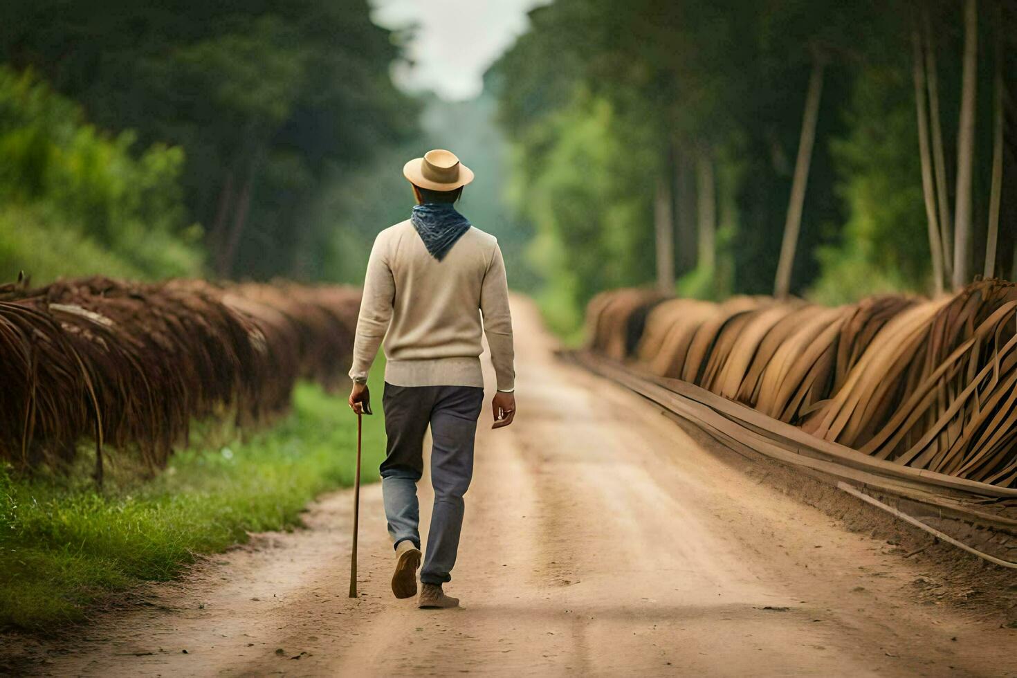 a man walking down a dirt road with a cane. AI-Generated photo