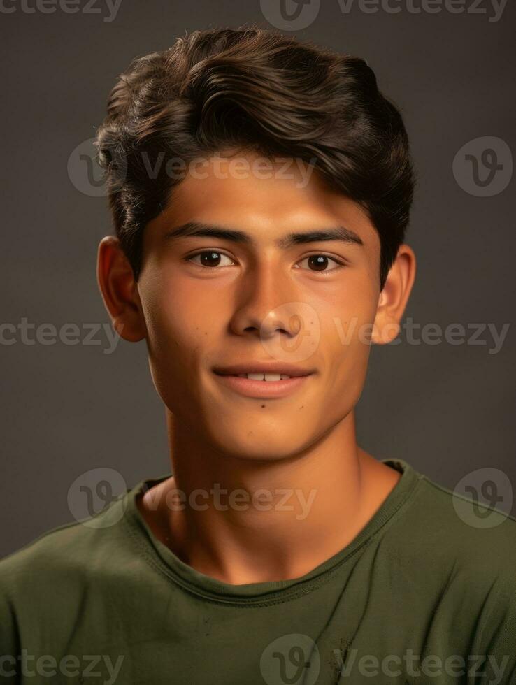 Smiling young man of Mexican descent against neutral background AI Generative photo