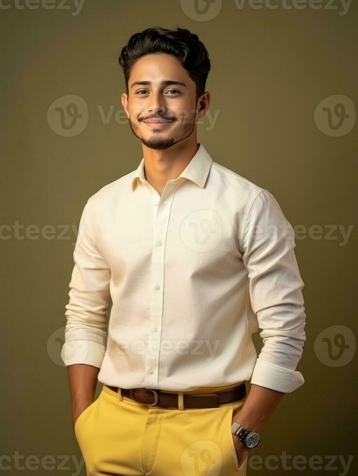 Smiling young man of Mexican descent against neutral background AI Generative photo