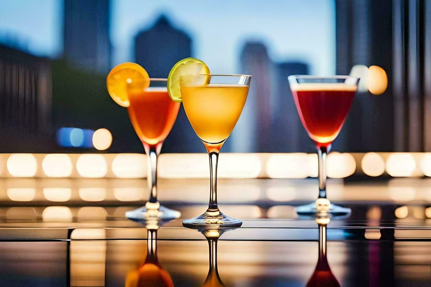 three glasses of different colored drinks on a table. AI-Generated photo