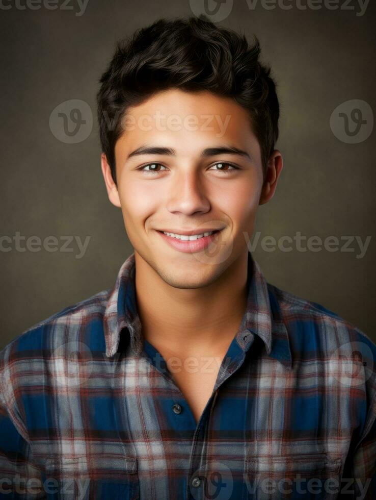 Smiling young man of Mexican descent against neutral background AI Generative photo