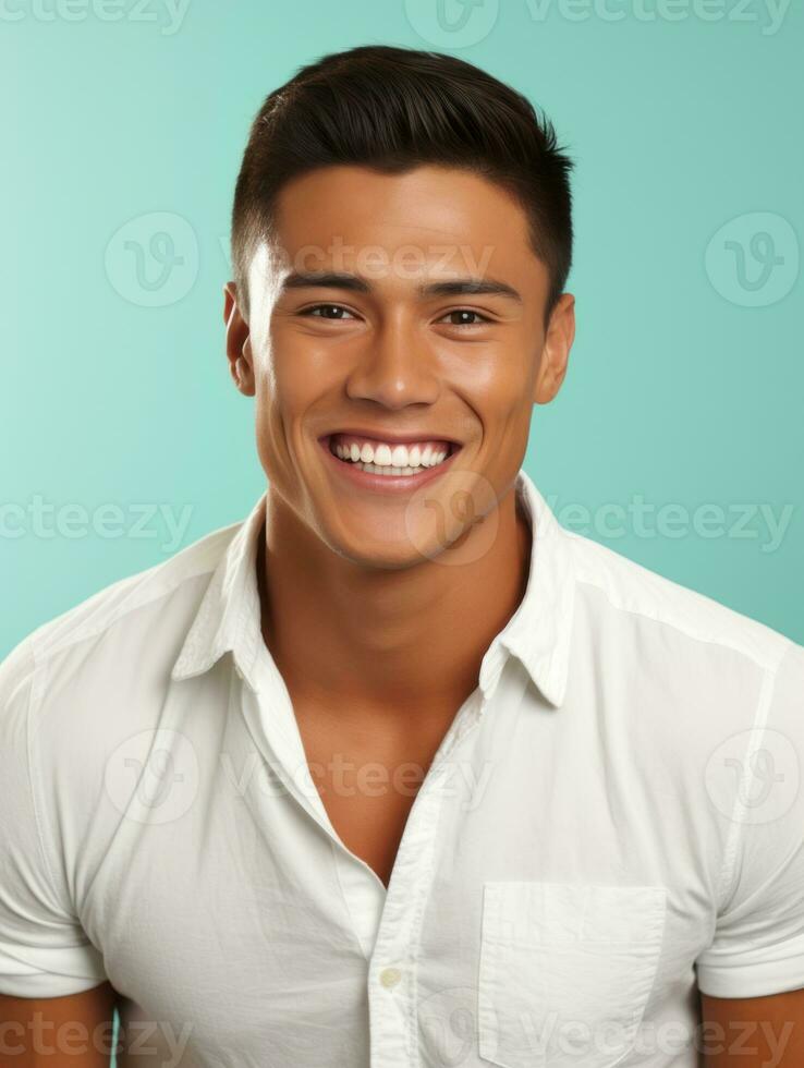 Smiling young man of Mexican descent against neutral background AI Generative photo