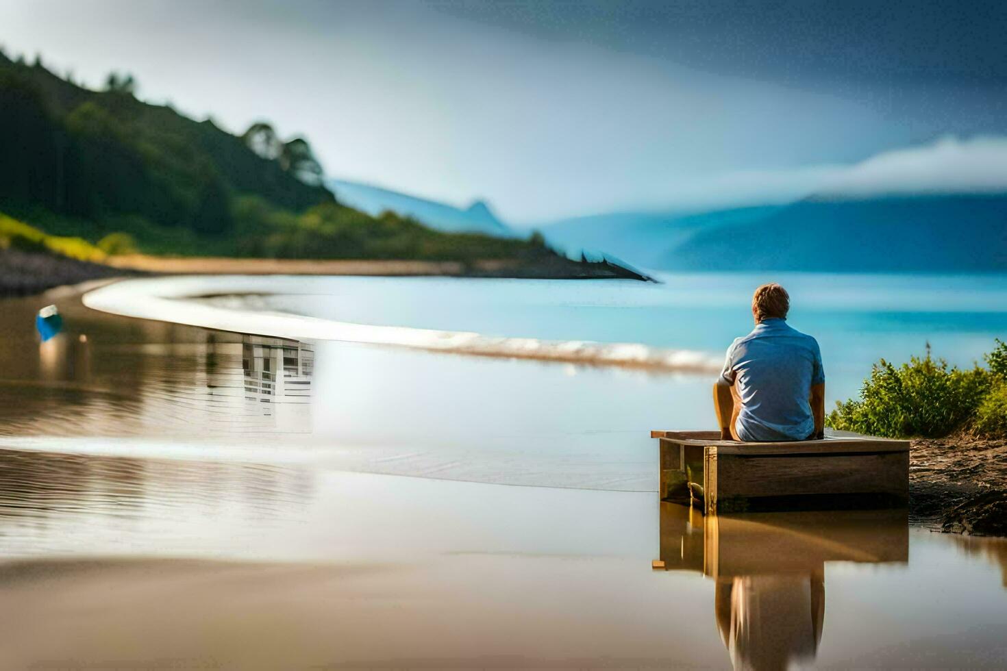 a man sits on a bench overlooking the ocean. AI-Generated photo