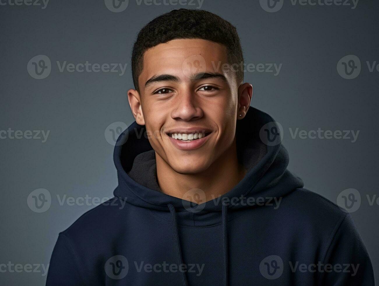 Smiling young man of Mexican descent against neutral background AI Generative photo