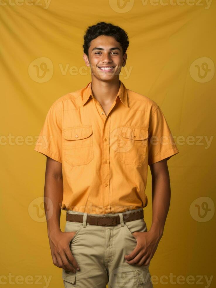 Smiling young man of Mexican descent against neutral background AI Generative photo