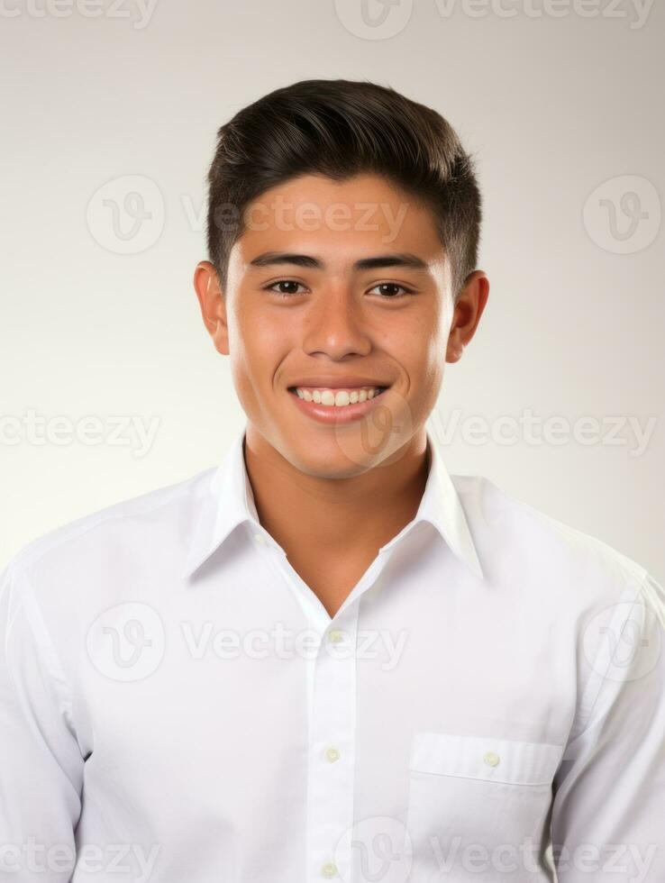 Smiling young man of Mexican descent against neutral background AI Generative photo