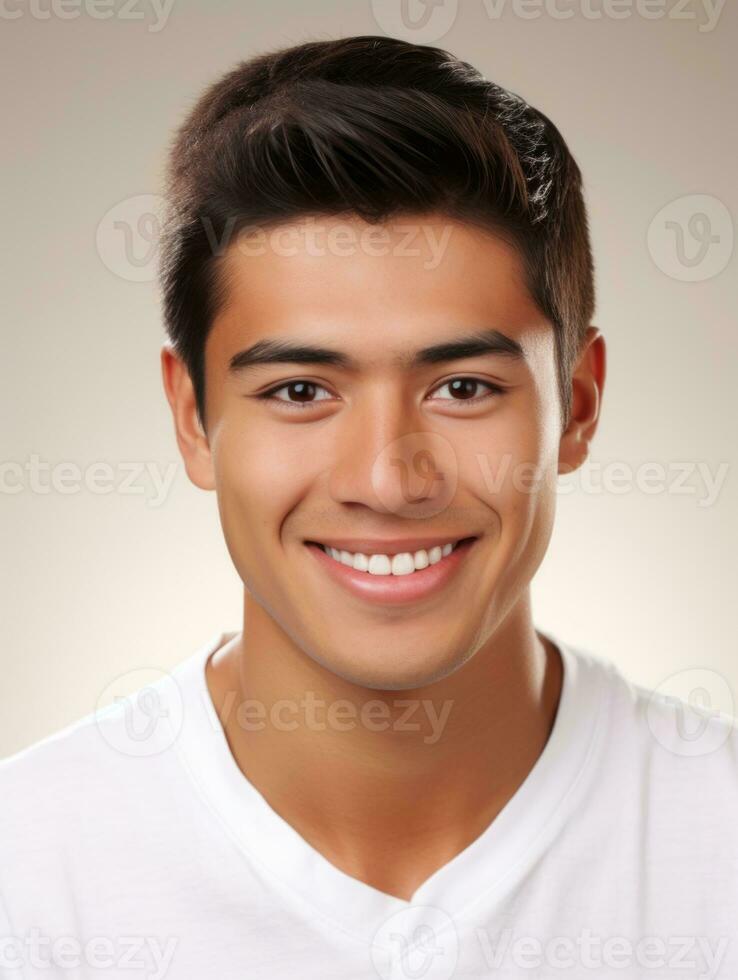 Smiling young man of Mexican descent against neutral background AI Generative photo