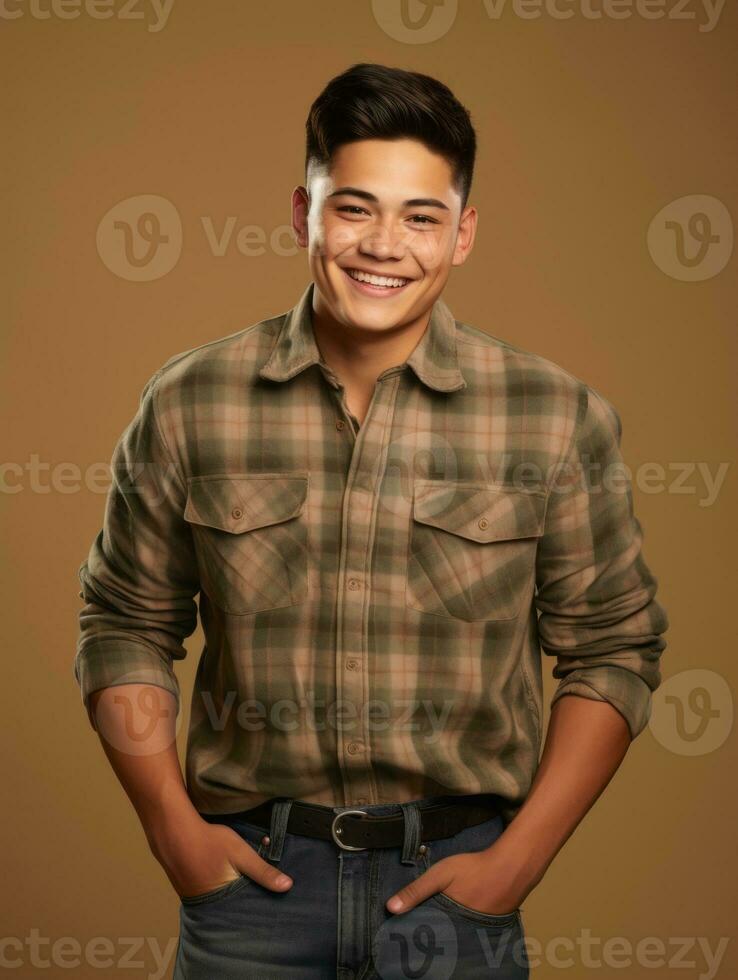 Smiling young man of Mexican descent against neutral background AI Generative photo