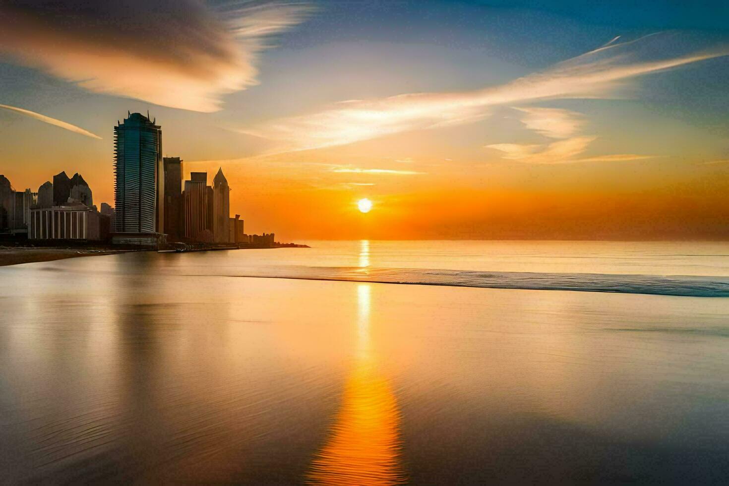 the sun sets over the city skyline in dubai. AI-Generated photo