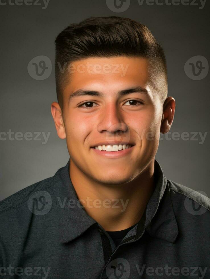 Smiling young man of Mexican descent against neutral background AI Generative photo