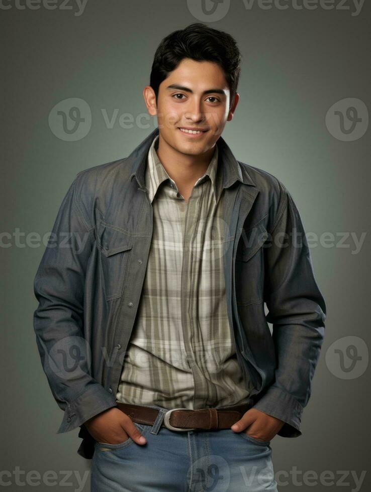 Smiling young man of Mexican descent against neutral background AI Generative photo