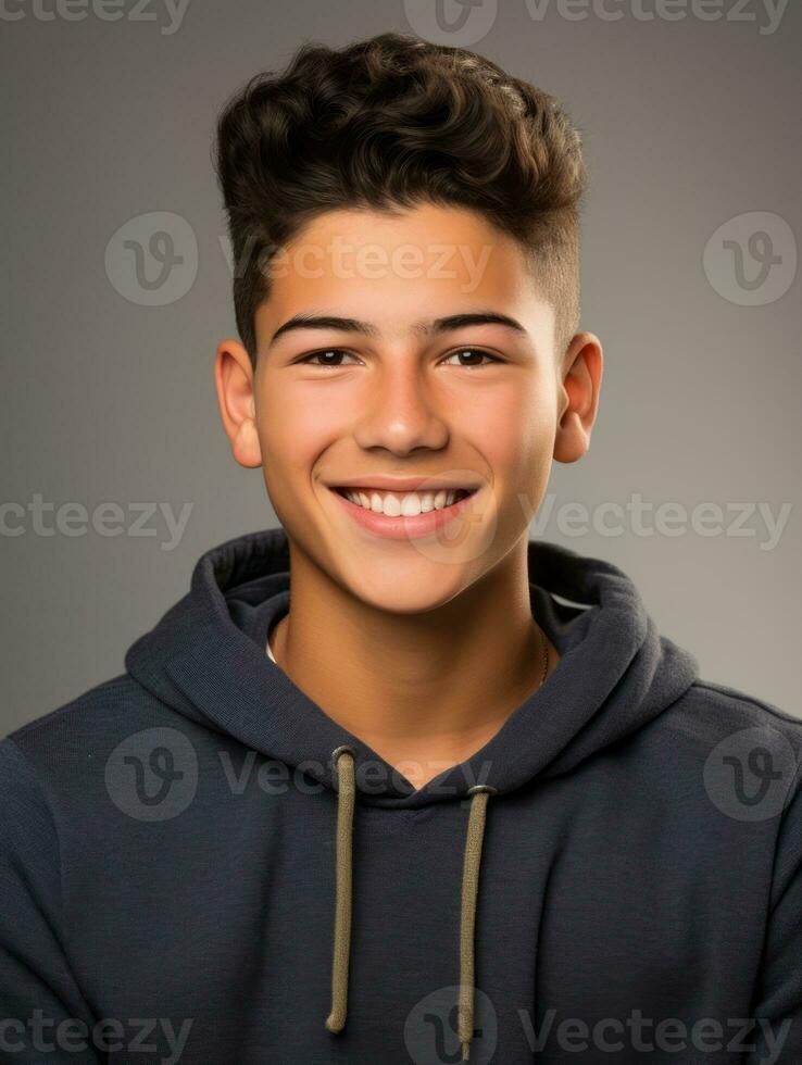 Smiling young man of Mexican descent against neutral background AI Generative photo