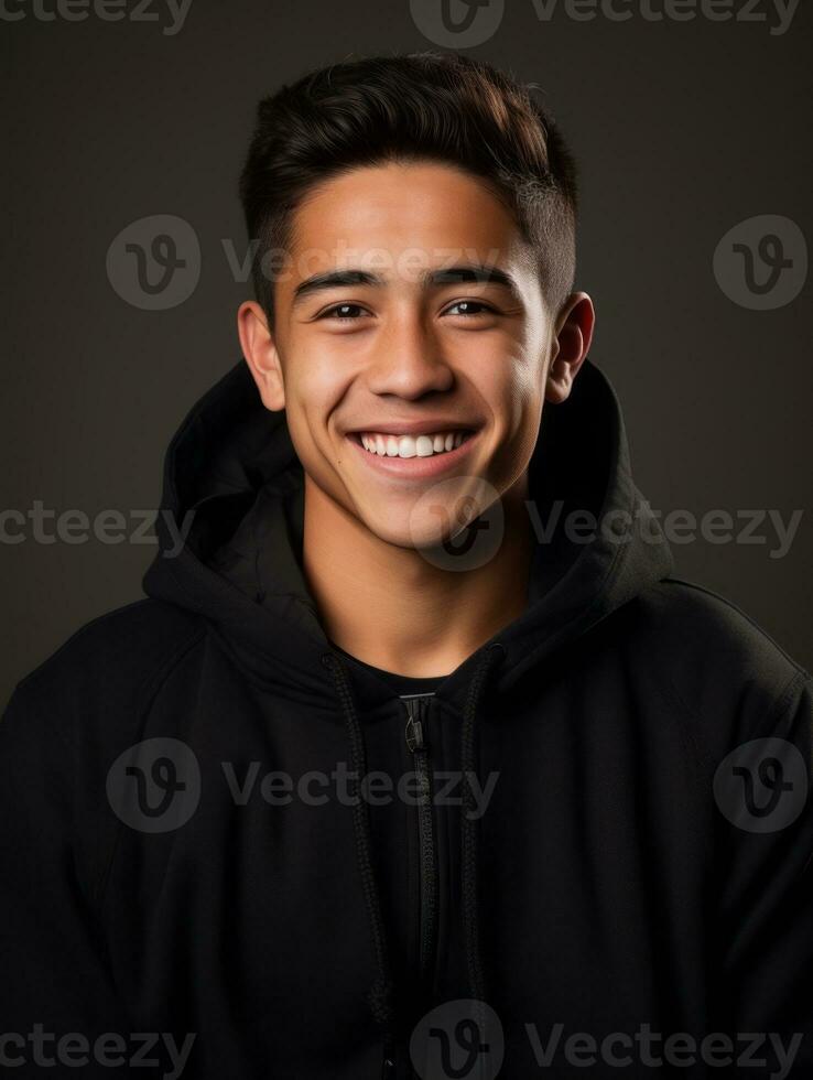 Smiling young man of Mexican descent against neutral background AI Generative photo