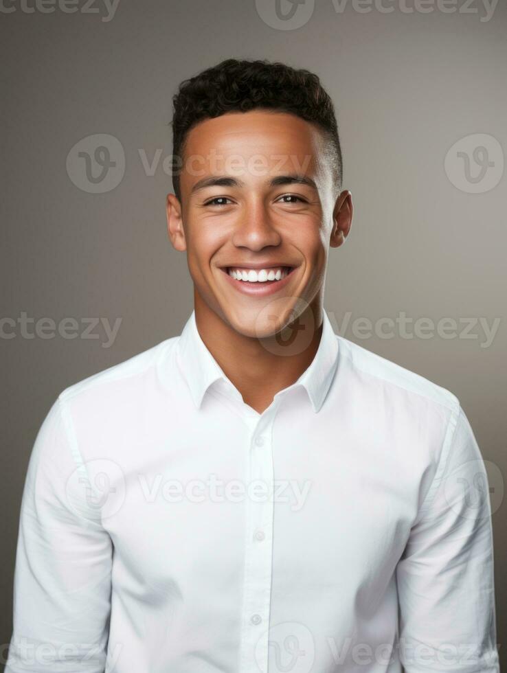 Smiling young man of Mexican descent against neutral background AI Generative photo