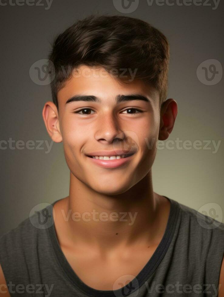 Smiling young man of Mexican descent against neutral background AI Generative photo