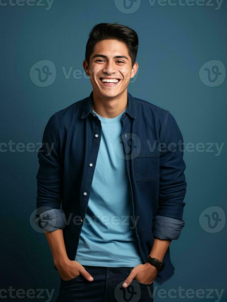 Smiling young man of Mexican descent against neutral background AI Generative photo