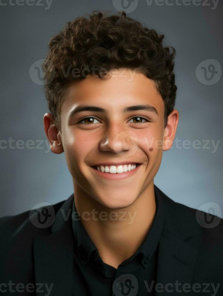 Smiling young man of Mexican descent against neutral background AI Generative photo