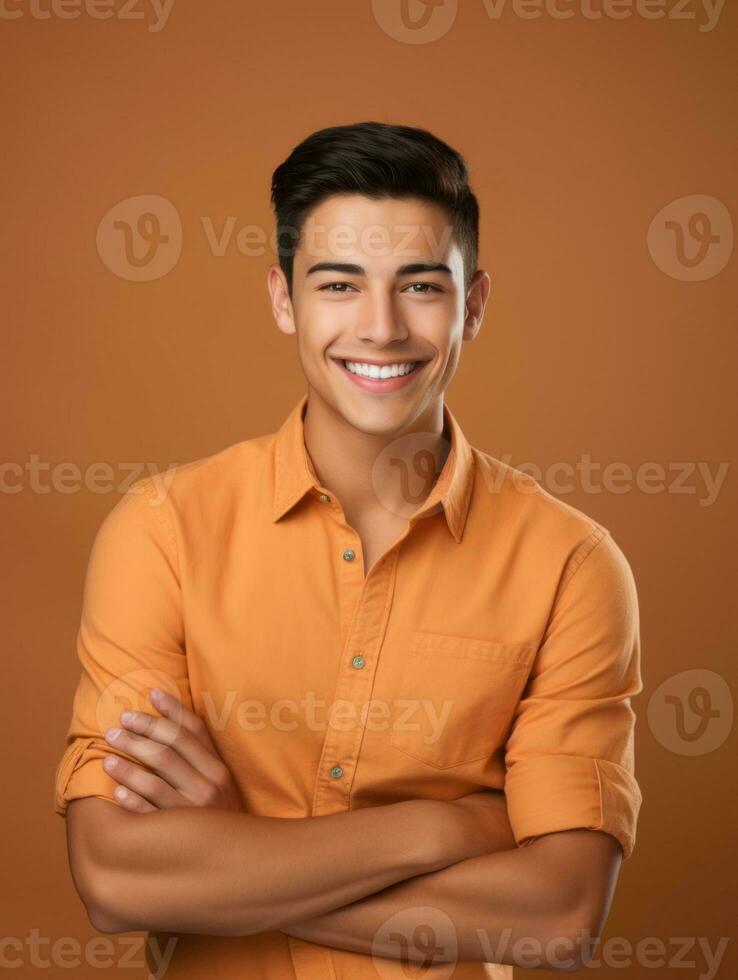 Smiling young man of Mexican descent against neutral background AI Generative photo