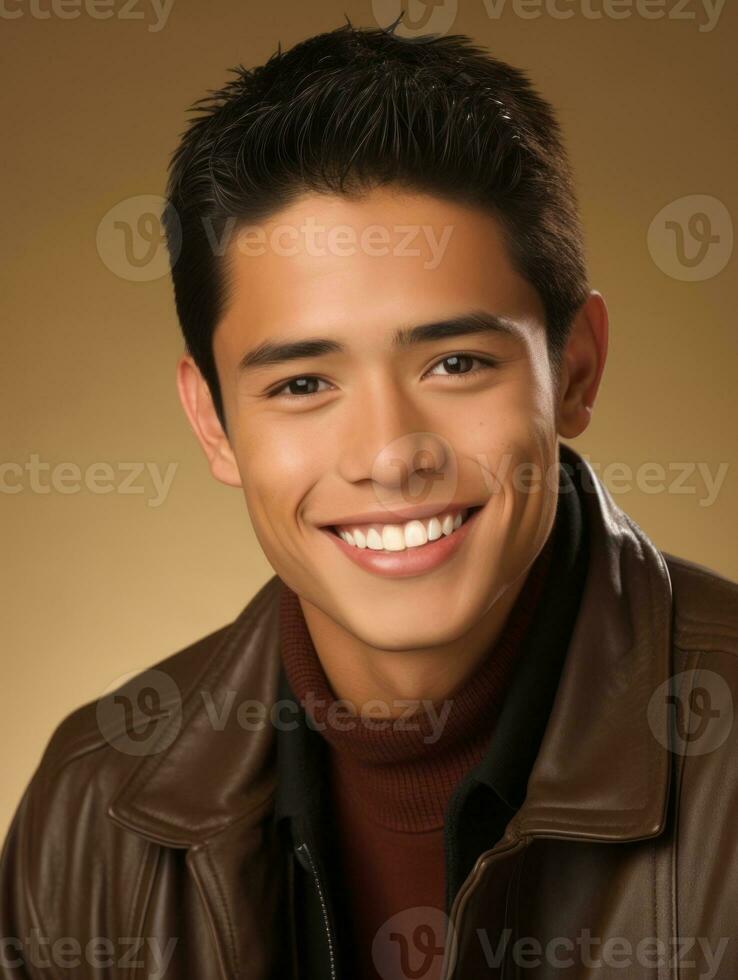 Smiling young man of Mexican descent against neutral background AI Generative photo