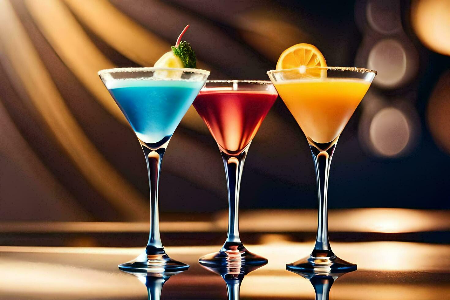three different colored cocktails in glasses on a table. AI-Generated photo