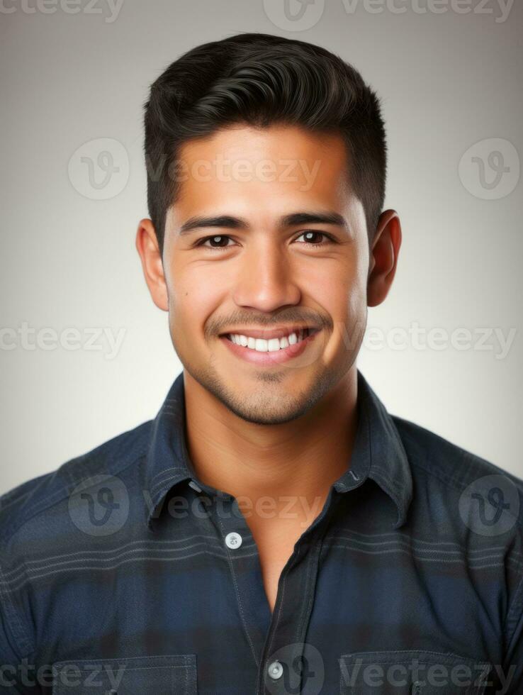 Smiling young man of Mexican descent against neutral background AI Generative photo