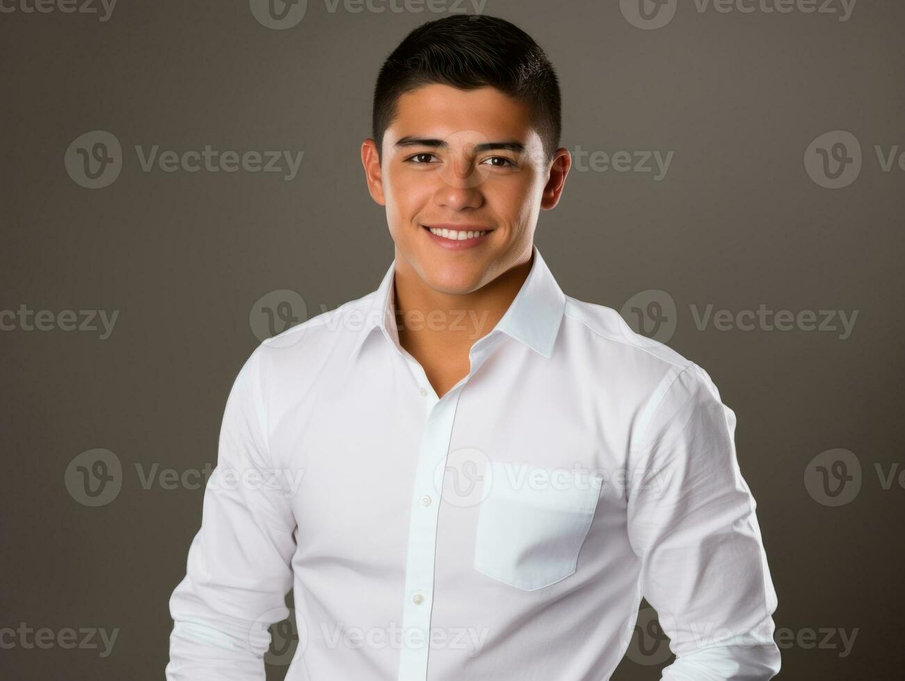 Smiling young man of Mexican descent against neutral background AI Generative photo