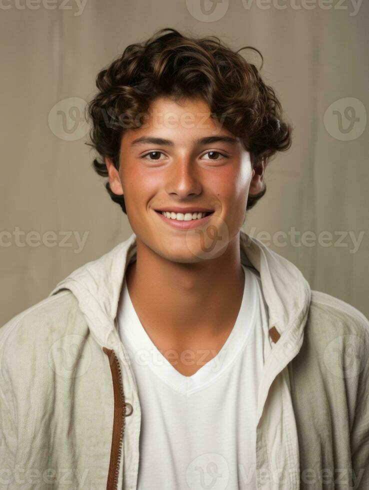 Smiling young man of Mexican descent against neutral background AI Generative photo