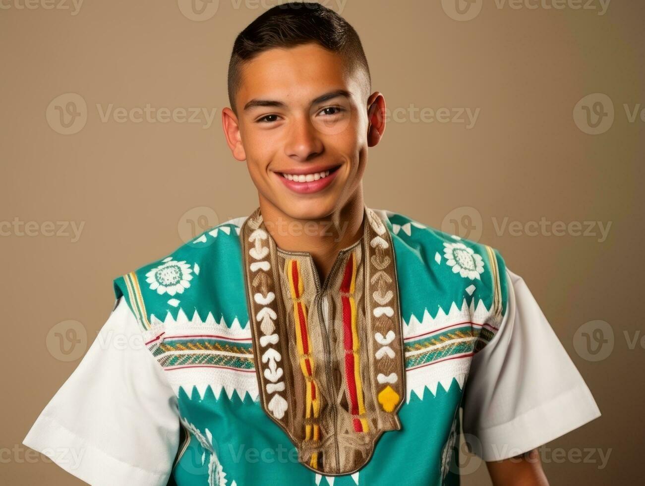 Smiling young man of Mexican descent against neutral background AI Generative photo