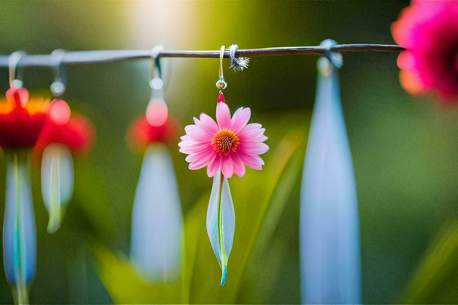 un rosado flor cuelga desde un cable. generado por ai foto