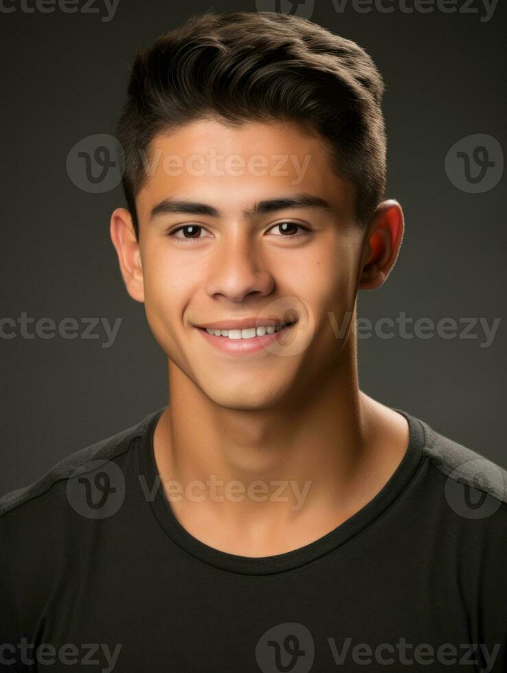 Smiling young man of Mexican descent against neutral background AI Generative photo