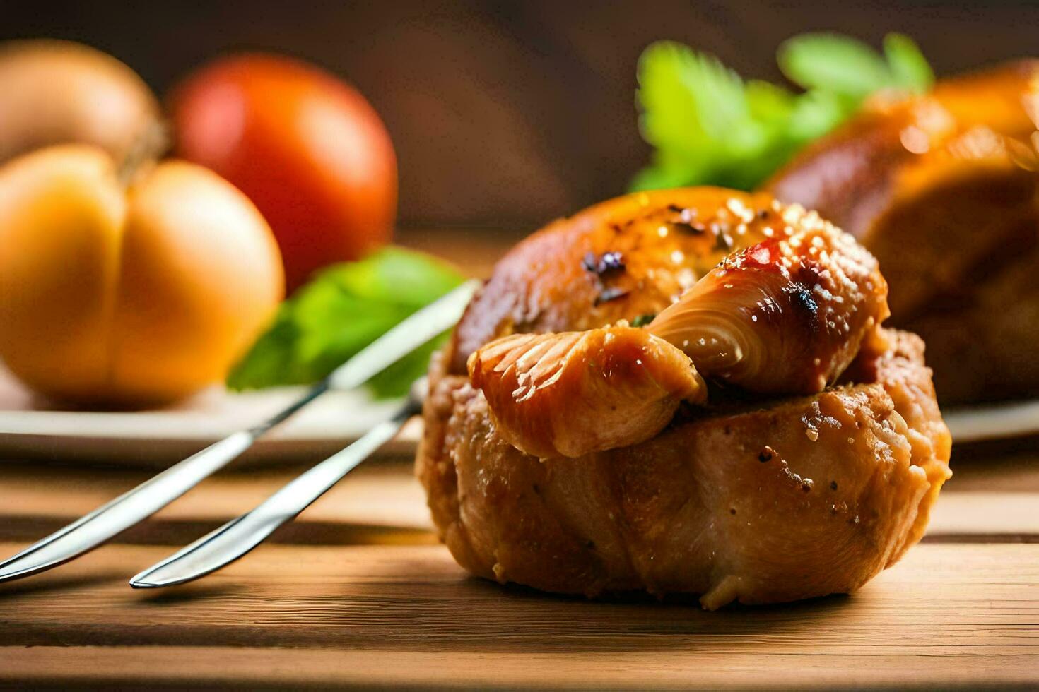 a plate with meat and vegetables on it. AI-Generated photo