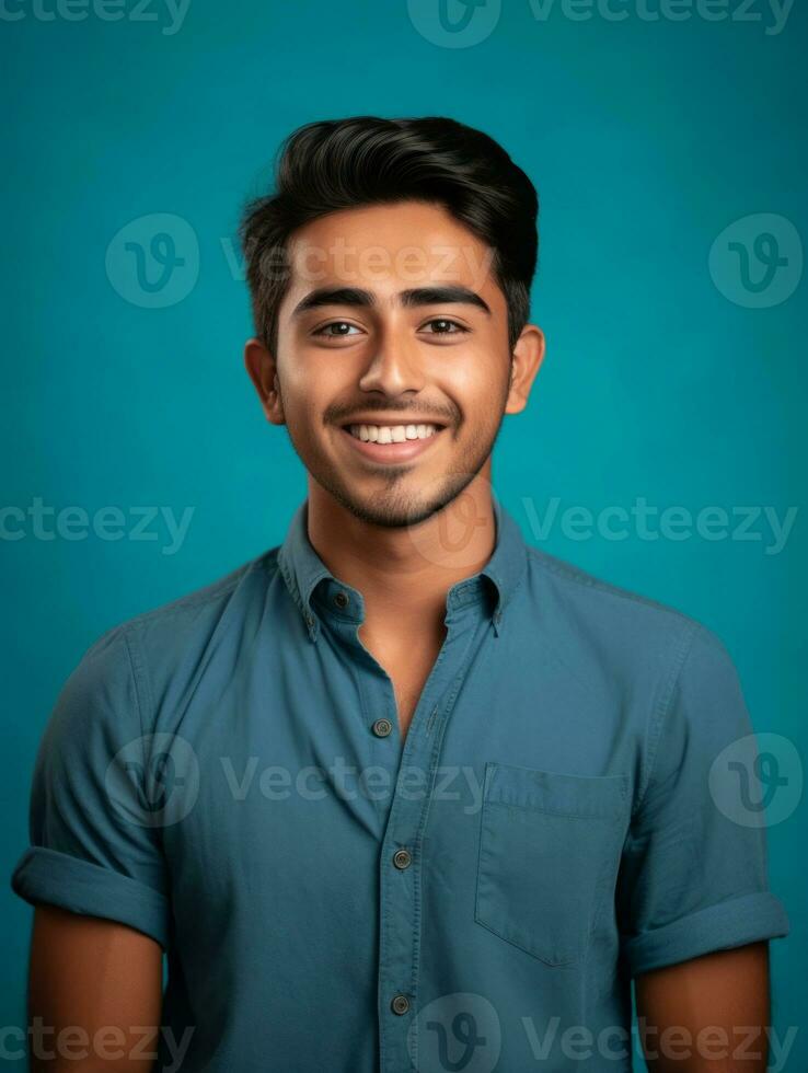 Smiling young man of Mexican descent against neutral background AI Generative photo
