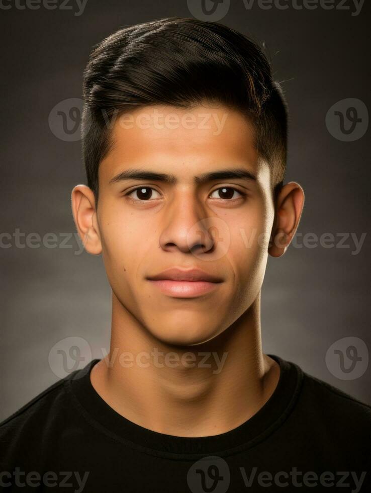 Smiling young man of Mexican descent against neutral background AI Generative photo