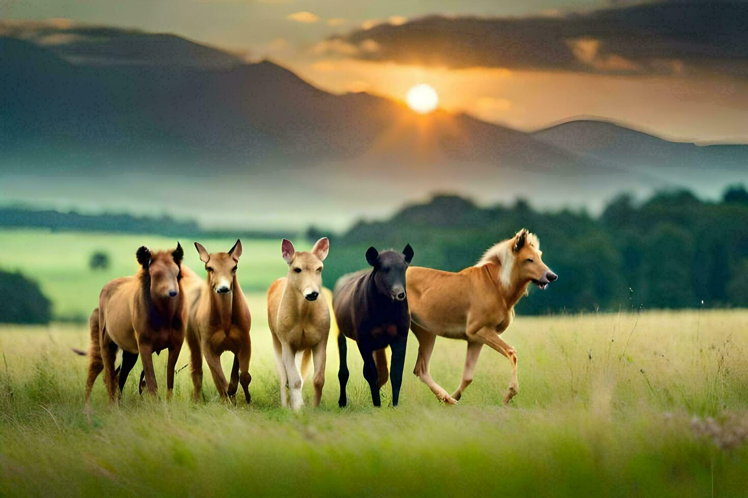 caballos corriendo en el campo a puesta de sol. generado por ai foto