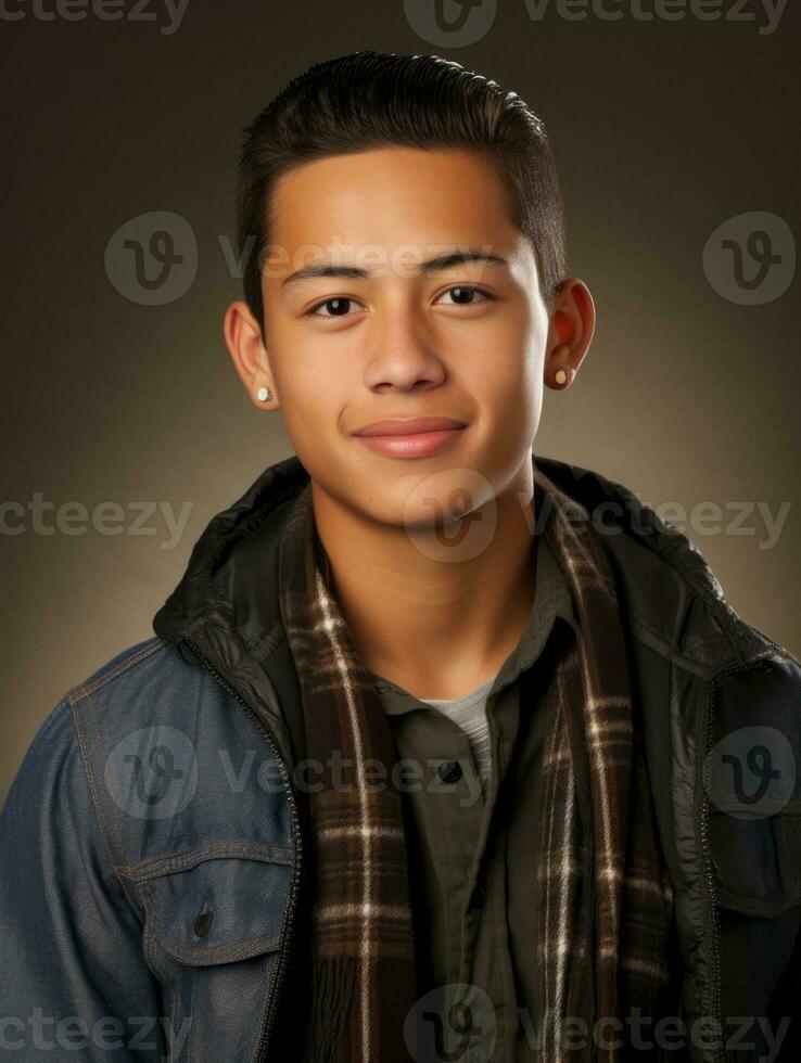 Smiling young man of Mexican descent against neutral background AI Generative photo