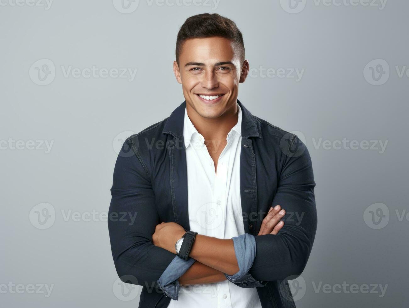 Smiling young man of Mexican descent against neutral background AI Generative photo