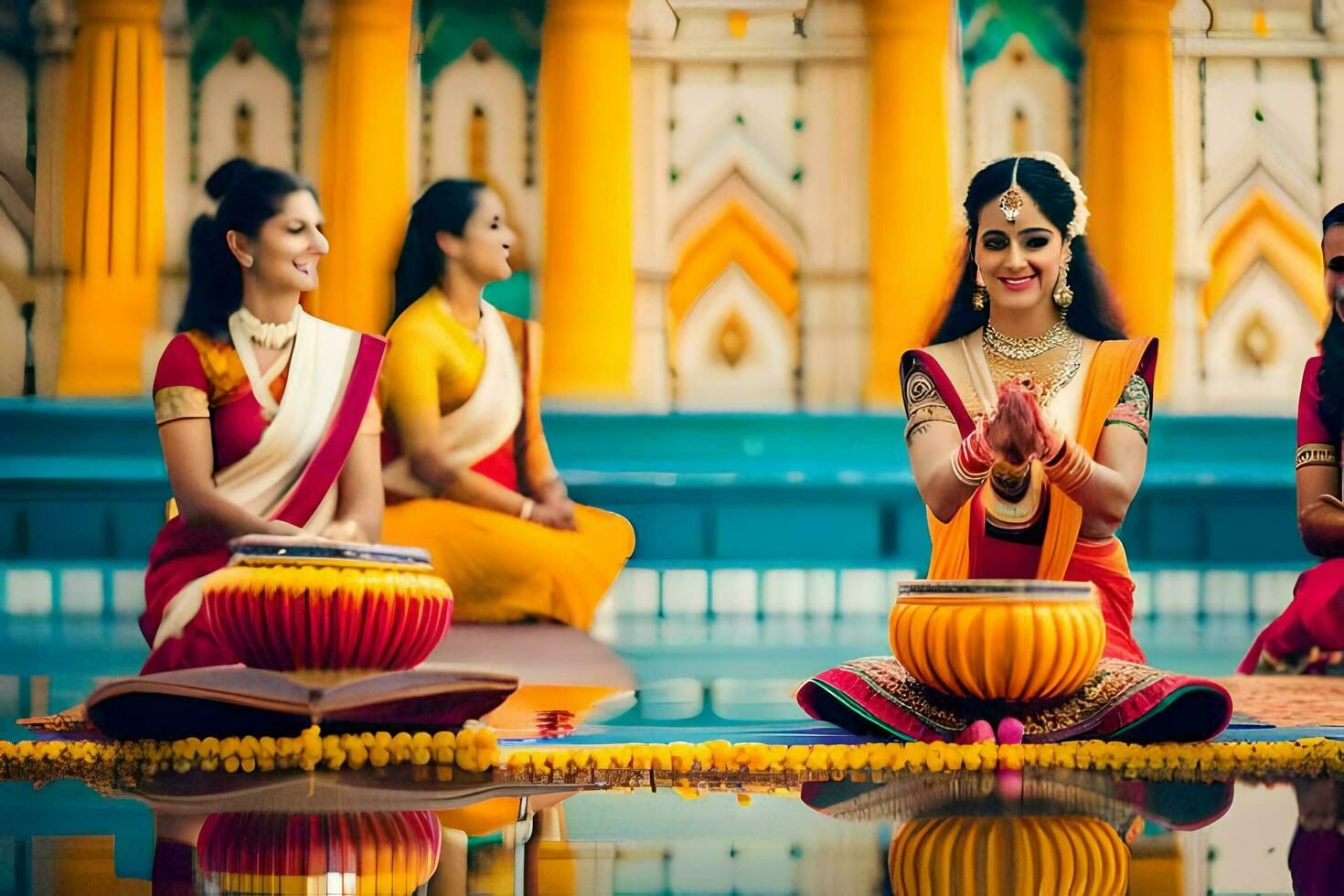 indian women in traditional attire sitting on the floor with their hands in the air. AI-Generated photo