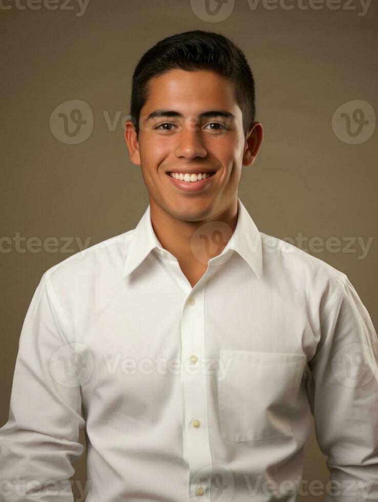 Smiling young man of Mexican descent against neutral background AI Generative photo