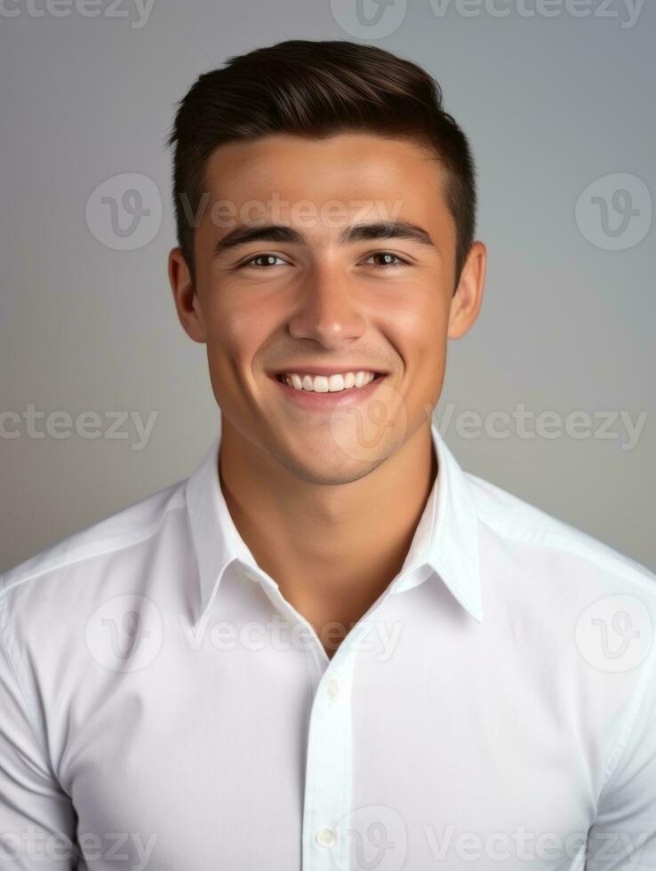 Smiling young man of Mexican descent against neutral background AI Generative photo