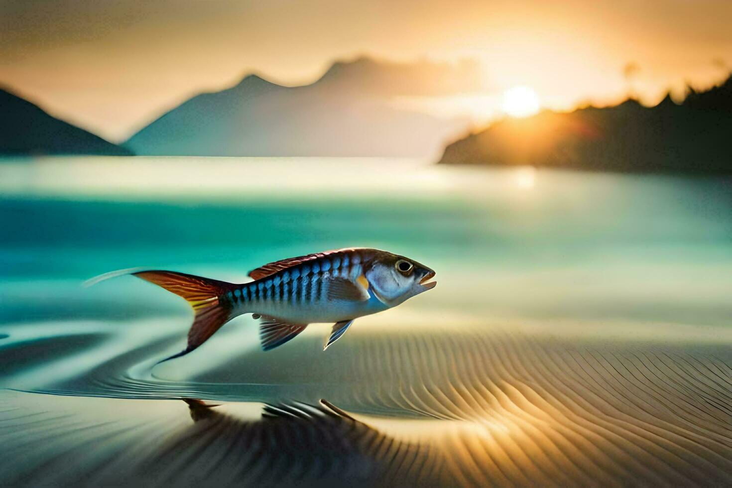 a fish is swimming in the water at sunset. AI-Generated photo