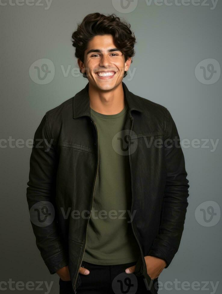 Smiling young man of Mexican descent against neutral background AI Generative photo