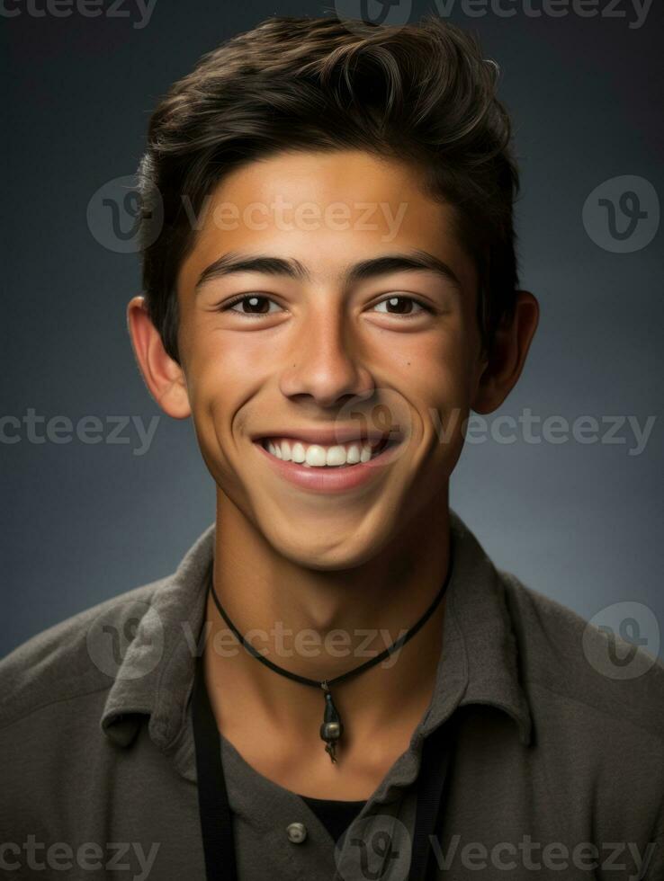 Smiling young man of Mexican descent against neutral background AI Generative photo